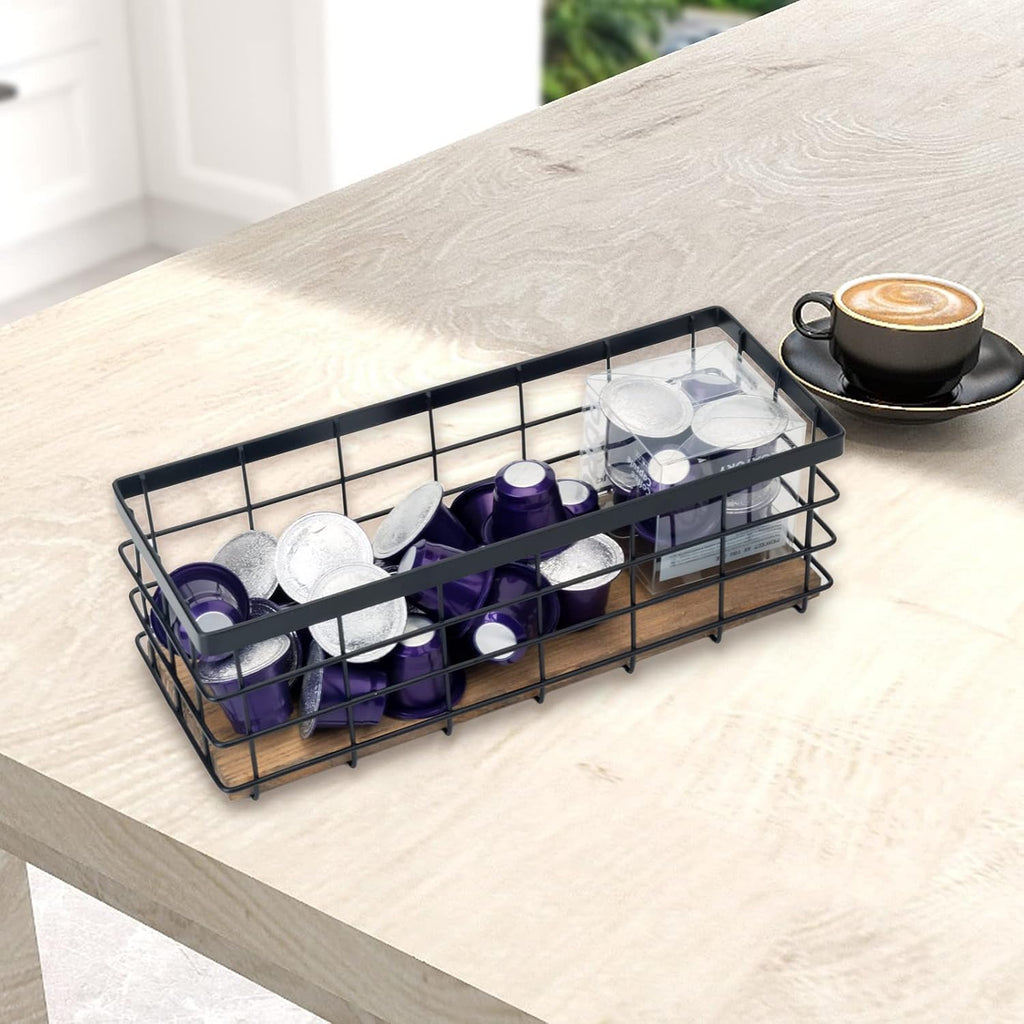 TIEYIPIN Farmhouse Decor Metal Wire Storage Baskets, Wood Base Containers Organizing Basket Caddy Bin for Kitchen Cabinets, Bathroom, Pantry, Garage, Laundry Room, Closets - Cream White (Set of 3)