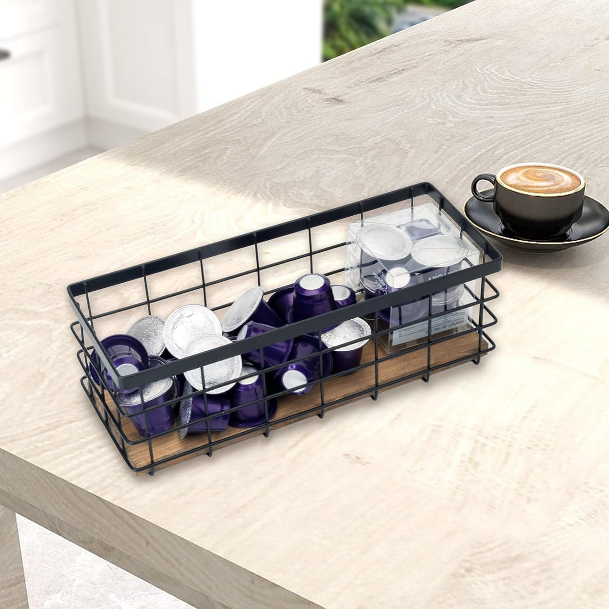 TIEYIPIN Farmhouse Decor Metal Wire Storage Baskets, Wood Base Containers Organizing Basket Caddy Bin for Kitchen Cabinets, Bathroom, Pantry, Garage, Laundry Room, Closets - Cream White (Set of 3)