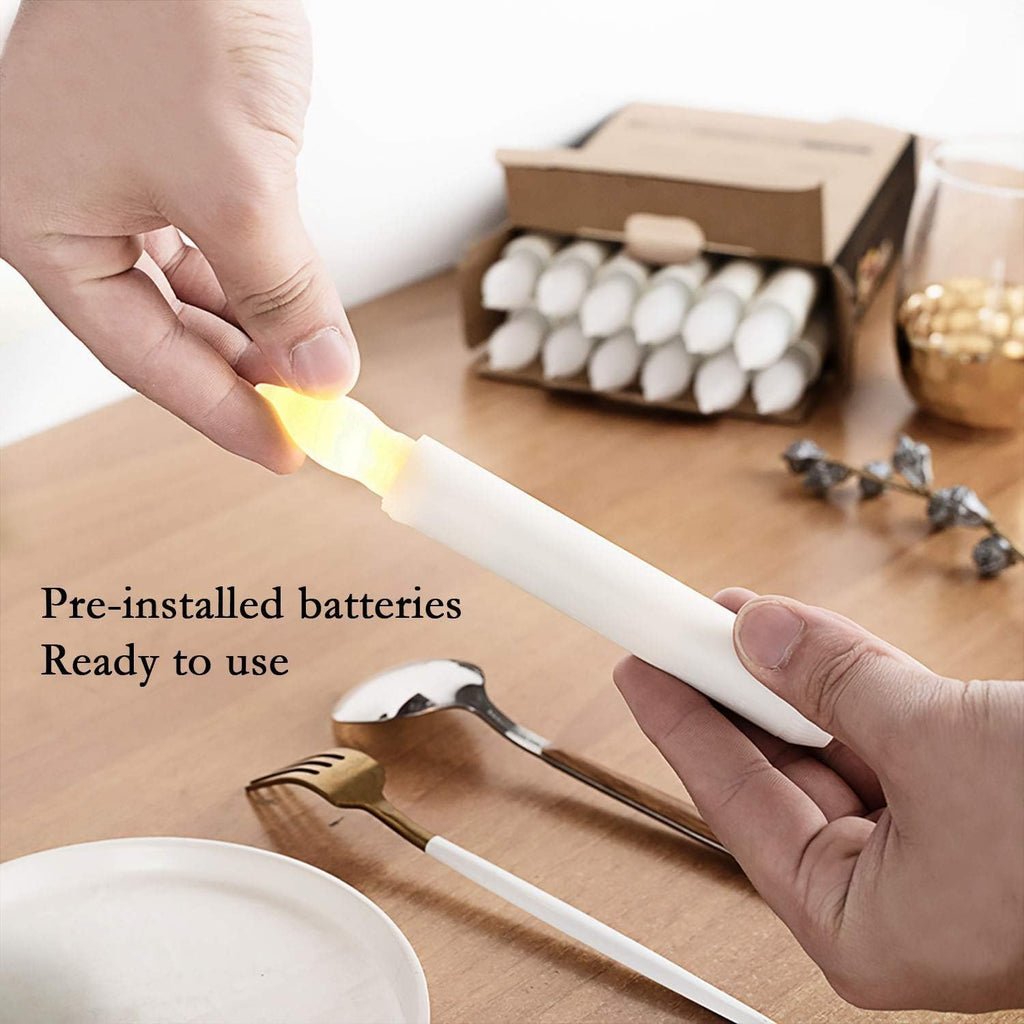 24 PCS Flameless LED Taper Candles Lights, Battery Operated Candlesticks with Warm White Flickering Flame, 0.79 x 6.5 Inches Dripless Fake Floating Taper Candles for Church Wedding Xmas