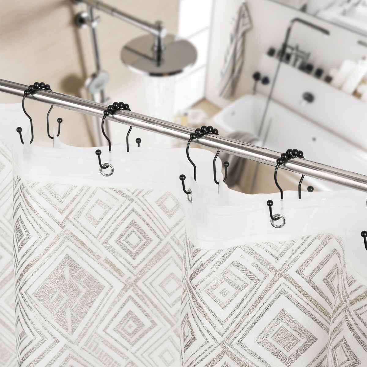 Resze 12PCS Shower Curtain Hooks, Sturdy Metal Shower Curtain Rings(Black)