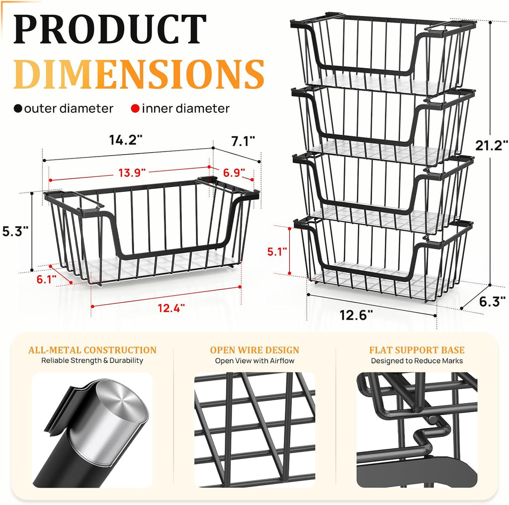 SUNALLY Stackable Storage Bins 4 Pcs Wire Baskets Freezer Organizer, Black