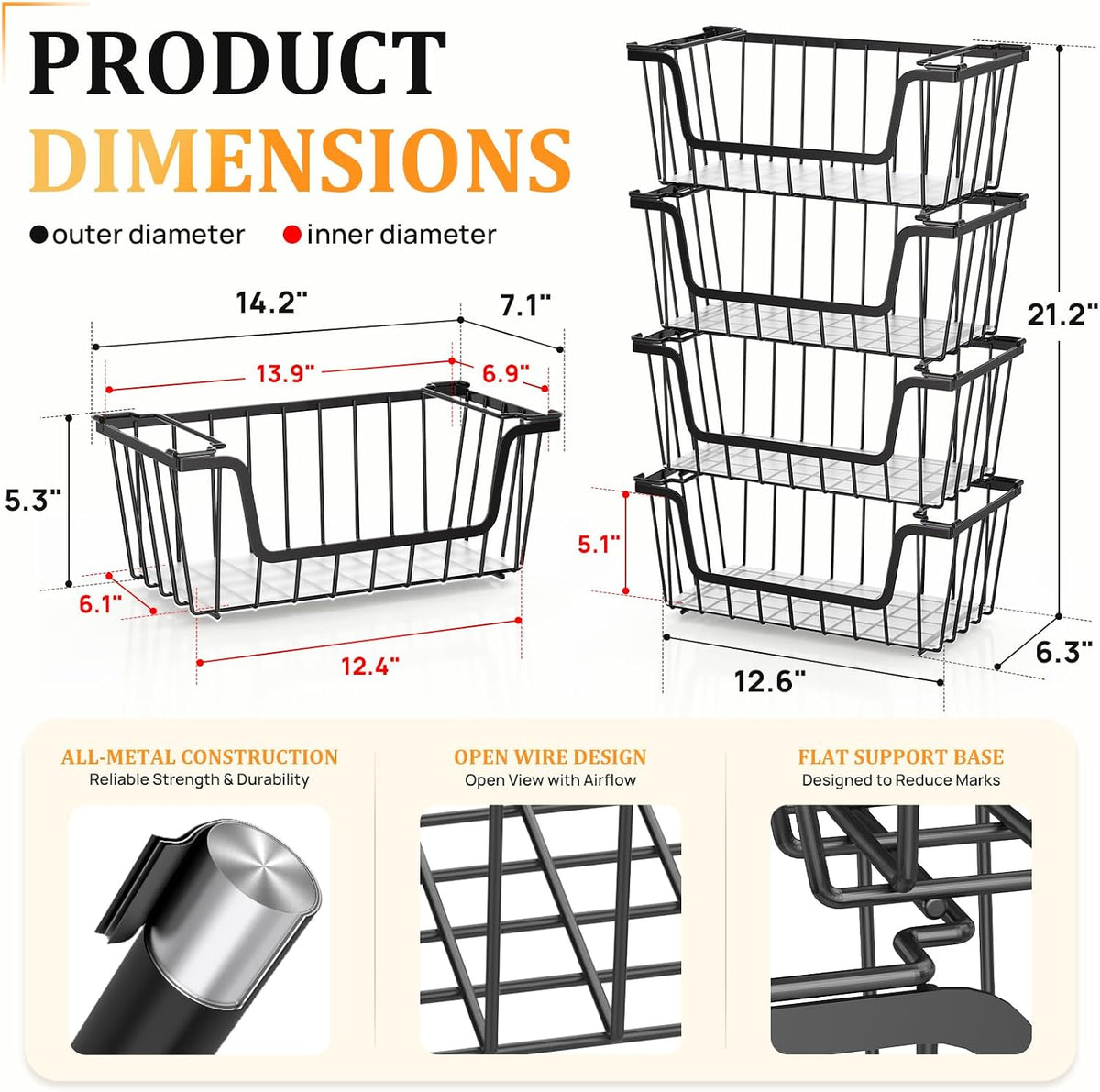 SUNALLY Stackable Storage Bins 4 Pcs Wire Baskets Freezer Organizer, Black