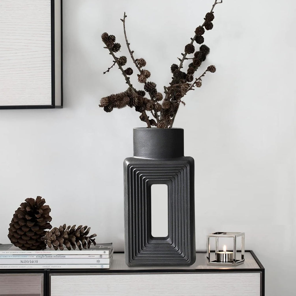 Black Ceramic Vase Set of 2，Square Vase Rustic Home Decor Minimalist Nordic Boho Style for Living Room, Shelf, Table, Bookshelf, Mantel and Entryway Decor Vases