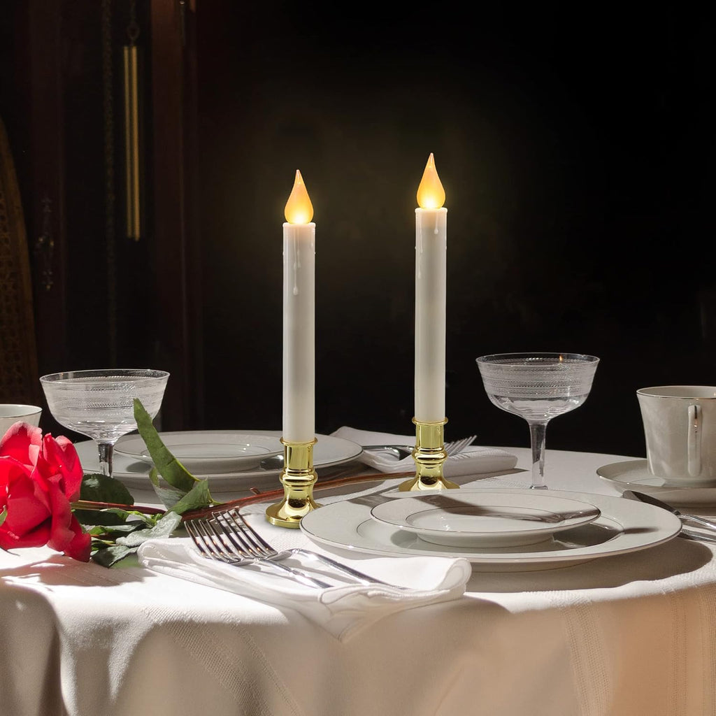 FURORA LIGHTING White 9.9" LED Taper Candles with Gold Holders, 2-Pack