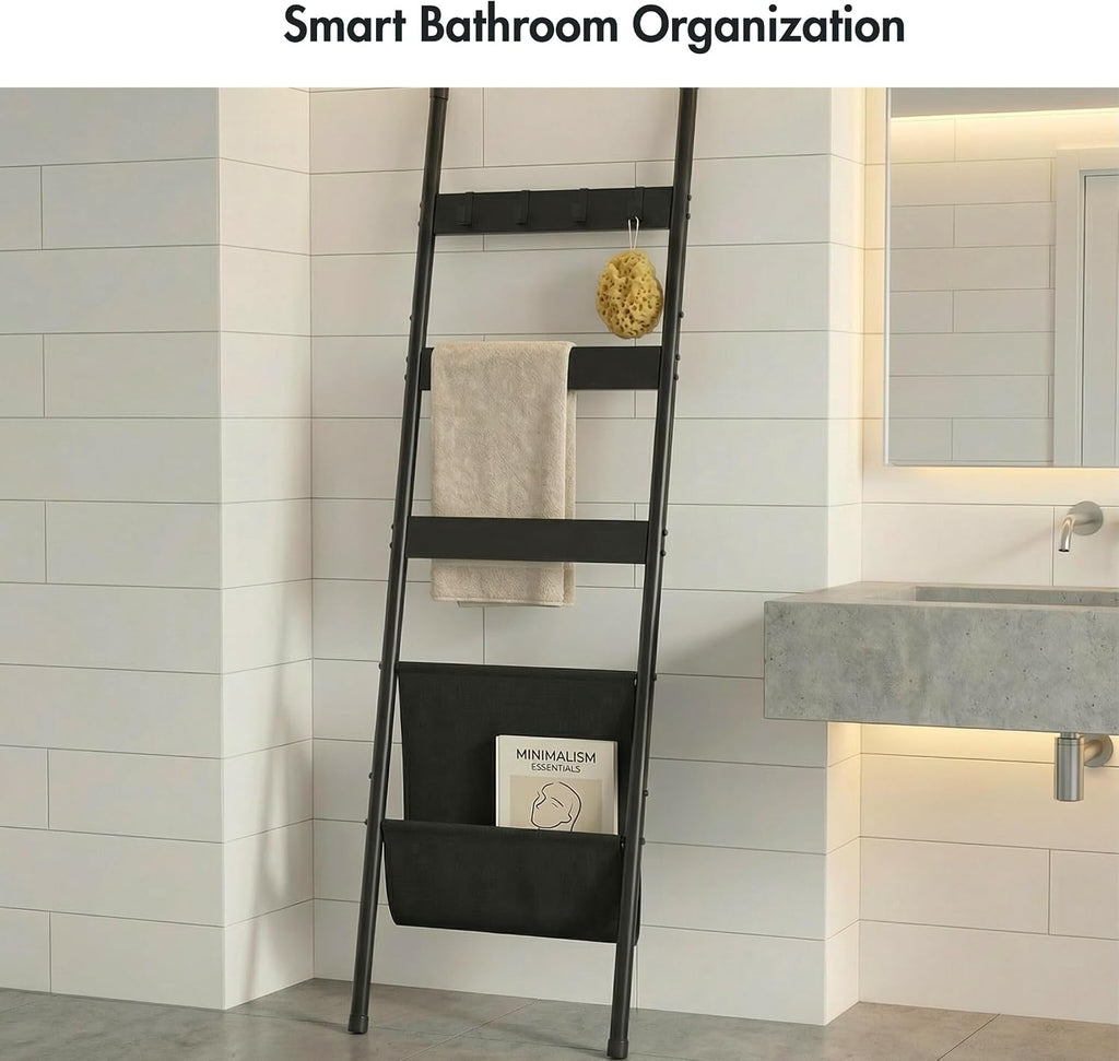 Blanket Ladder, 5 Tier Towel Rack, Wall-Leaning Blanket Rack for Living Room, Decorative Ladder with 4 Hooks and Magazine Pocket 17.3" L x 63" H - Black