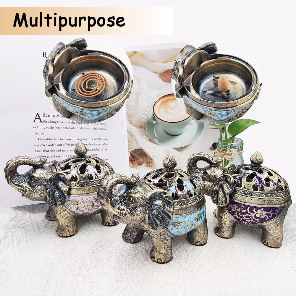 Hourwof Metal Elephant Incense Holder,Vintage Cone Coil Incense Burner with Lid,Ash Catcher,Aromatherapy Ornament Home Office Decor (Purple)