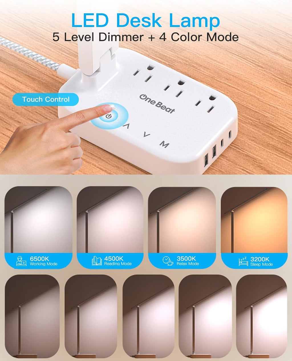 LED Desk Lamp, 10Ft Power Strip with 3 Outlets 4 USB Ports(2 USB C), White