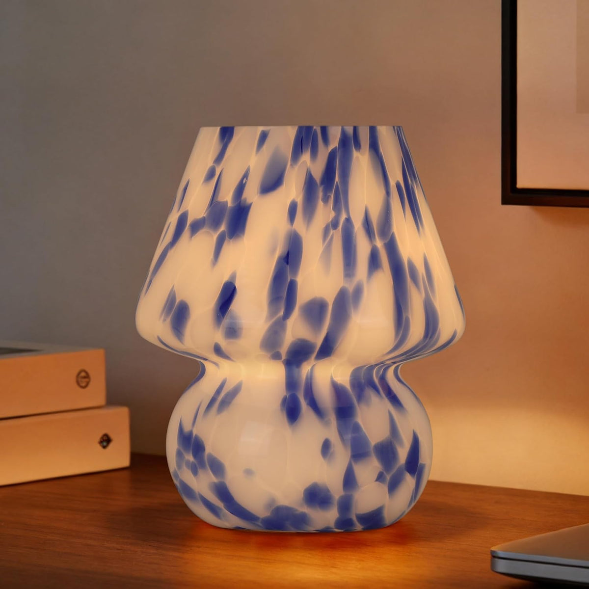 Mushroom Lamp Small Glass Table Lamp, Bedside Nightstand Lamp, Cute Desk Lamp for Bedroom, Dorm, Living Room & Kitchen, Classic Vintage Home Decor Lamp (2, Blue&White)
