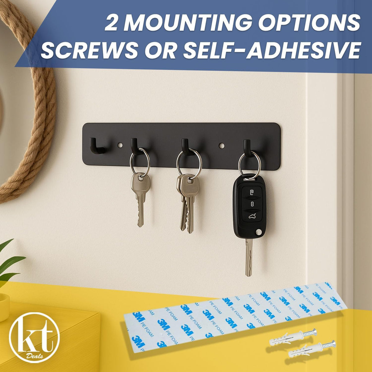 Key Holder Wall Mount Key Rack, Hanging Keys Hanger Hooks for Wall-Mounted Black Rail with 4 Hooks Storage Organizer Home Decor, Self Adhesive no Drill or Screws