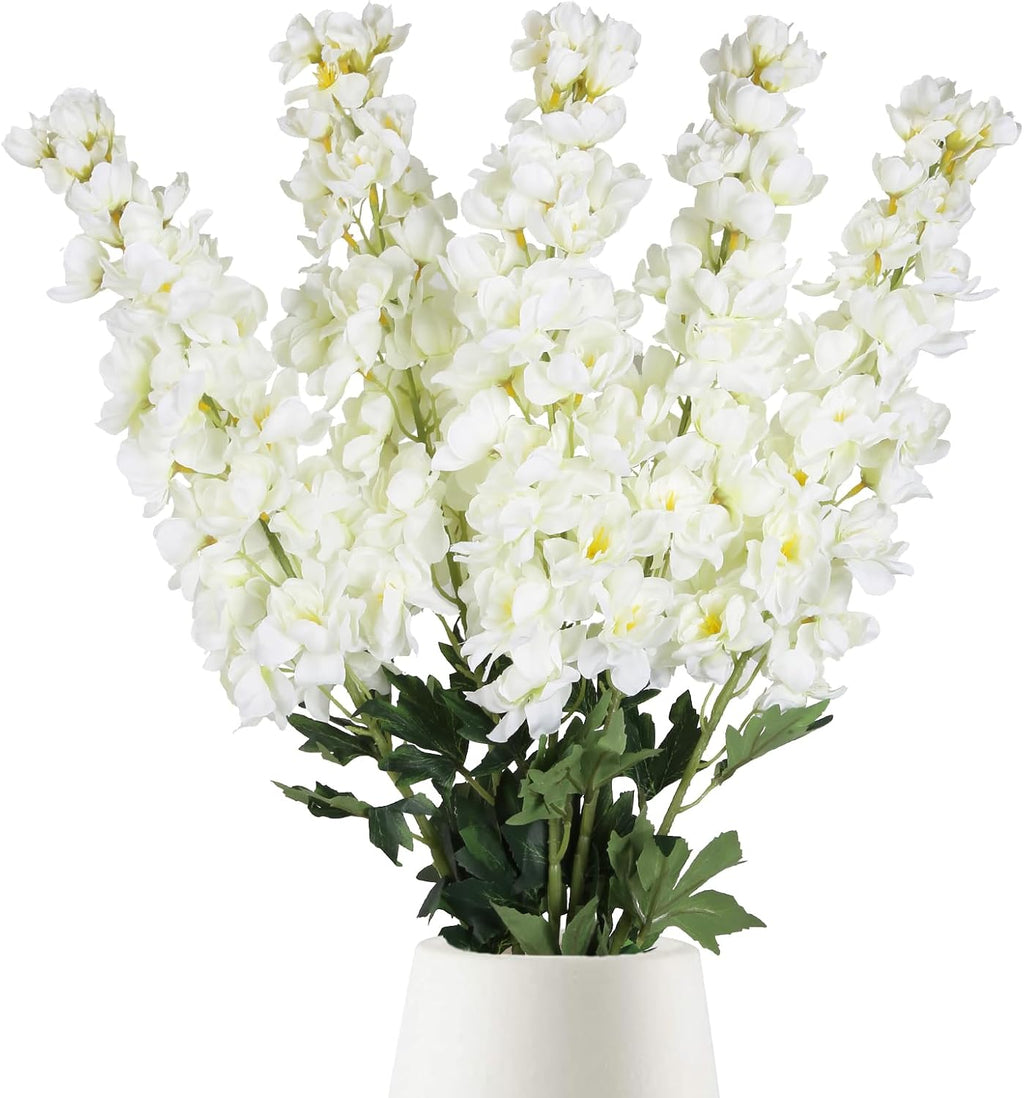White Delphinium Artificial Flowers,5PCS Faux Larkspur Flowers 39" Long Stem Silk Flowers for Tall Vase Home Wedding Table Decor(White)