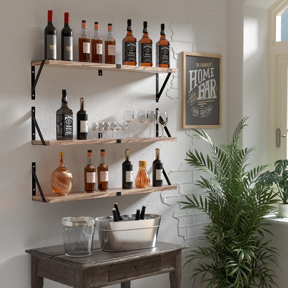 Floating Book Shelves Set of 3, Wall Bookshelf, 33 inch Long Wood Shelf for Wall Storage, Hanging Shelving for Bedroom, Bathroom, Living Room, Kitchen, Office and Plants (Light Brown)