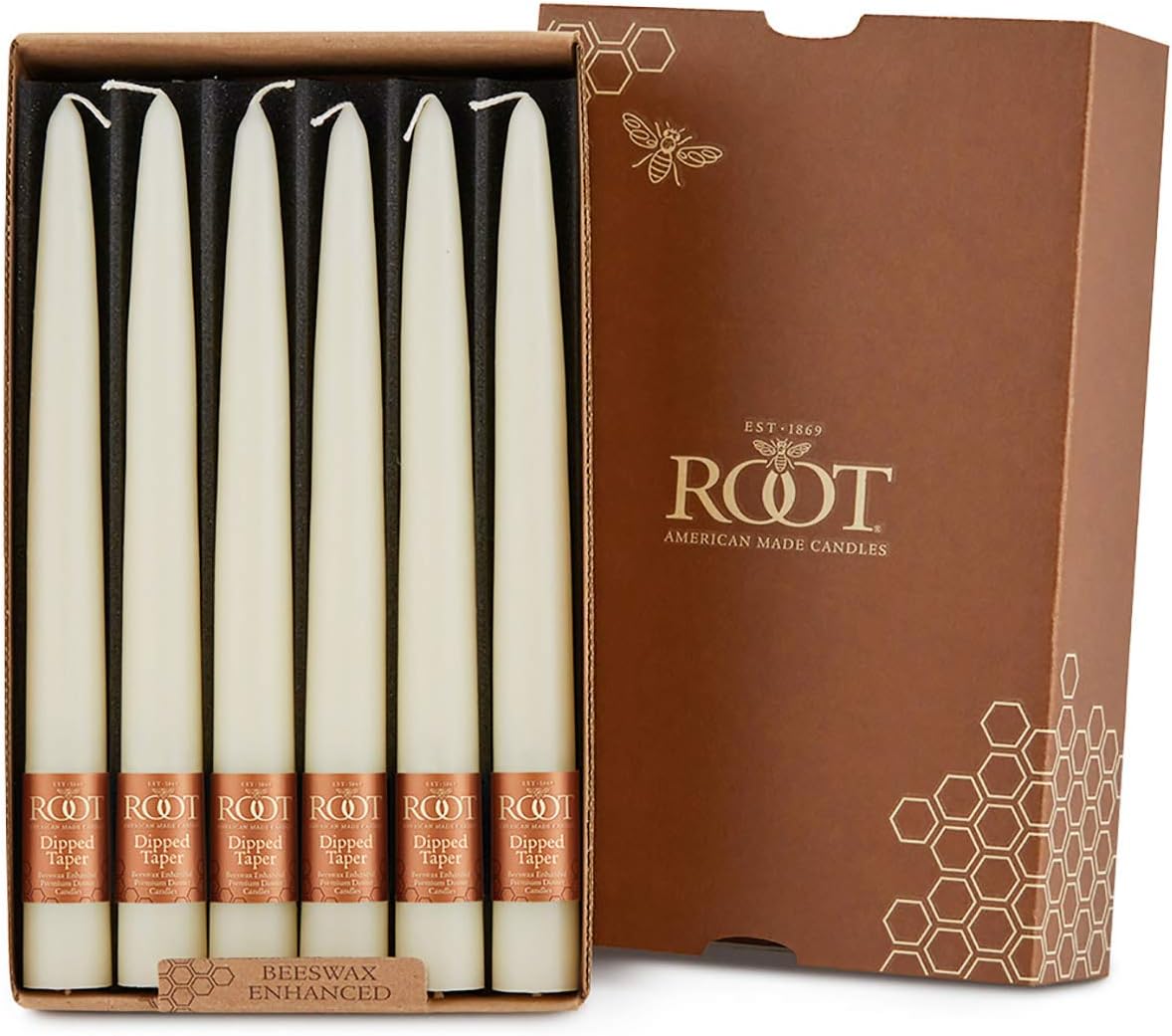 Root Candles 12-Count Unscented Taper Candles Smooth Hand-Dipped Dripless Beeswax Enhanced Boxed Candle Set, 9-Inch, Ivory