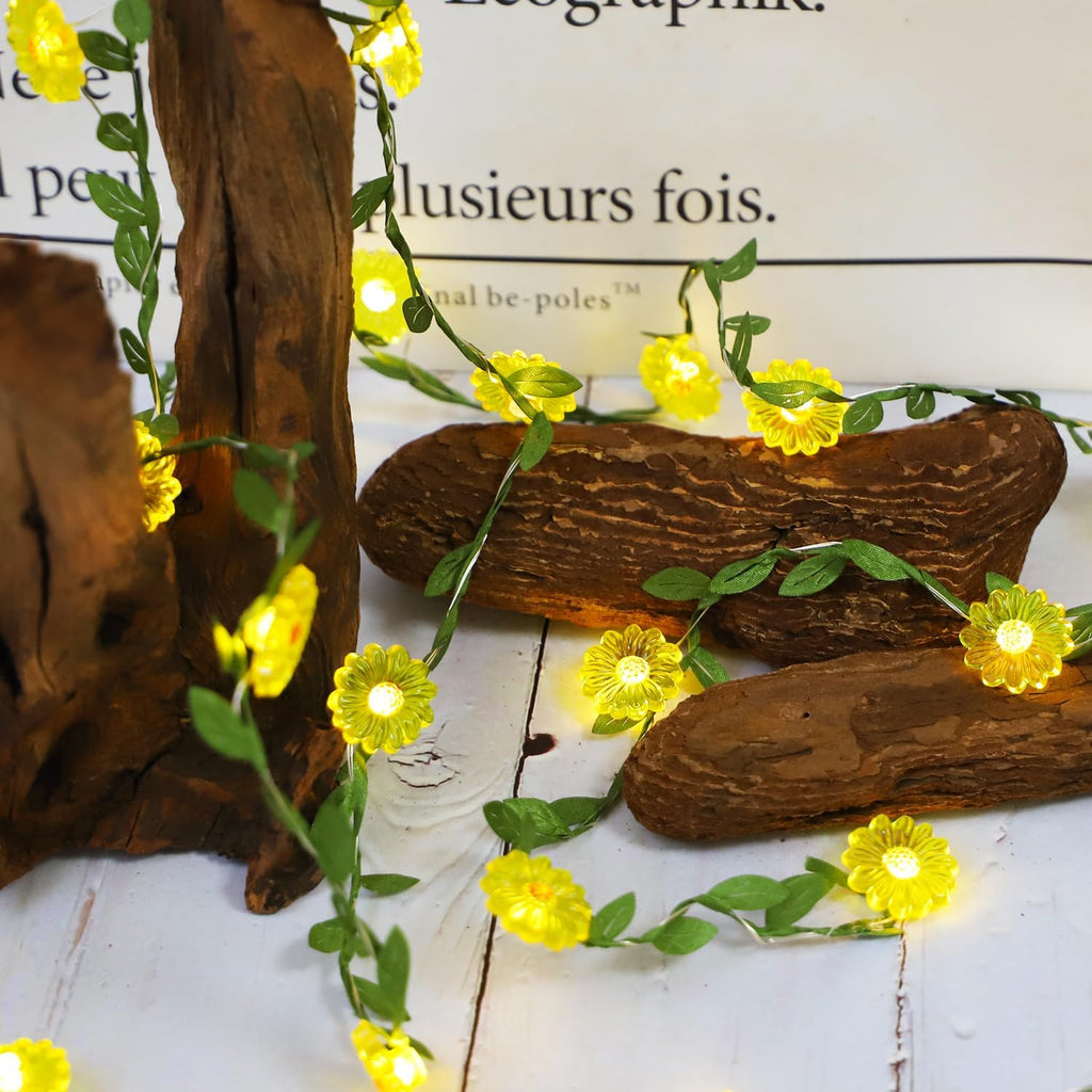 Sunflower Decor Flower String Lights Vines with Fairy Lights Christmas, 30 LED Copper Wire with Remote Control Battery Operated Flower Garland Leaf for Locker,Bedroom, Wall, Christmas,Fall Decorations