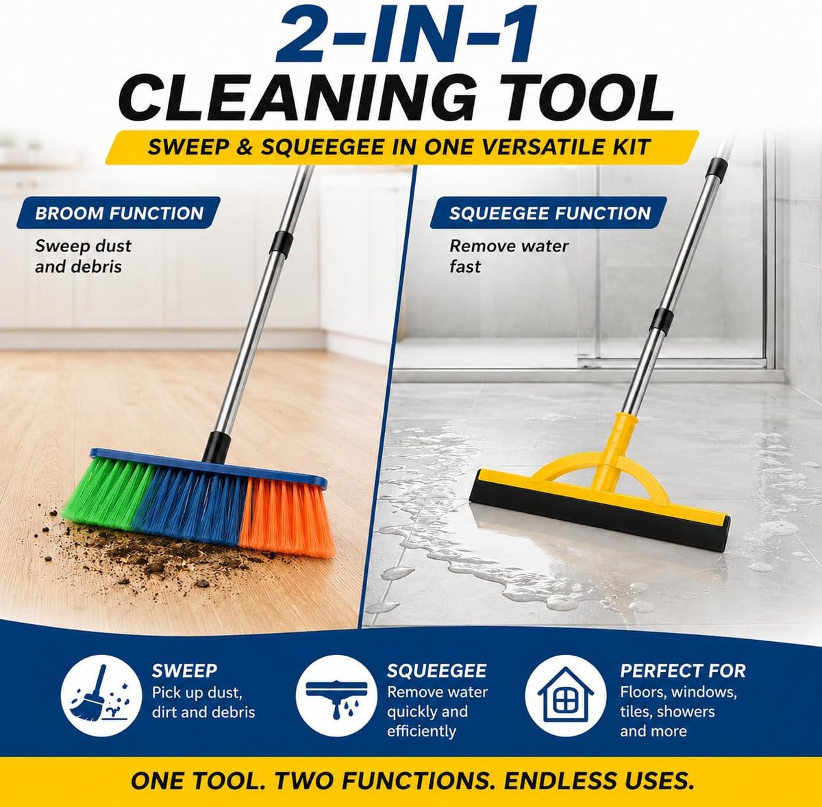 2-in-1 Floor Squeegee & Broom Kit with Telescopic Handle, 17.5 Inch Heavy Duty Water Squeegee for Tile, Concrete, Marble, Garage & Shower, Includes 2 Cotton Cloths