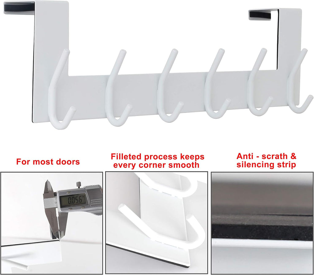 SKOLOO Over The Door Hook - 6 Hooks, No Assembly Required, Stainless Steel Door Hooks, Over Door Coat Rack for Hanging Coats Clothes Hats Robes, White