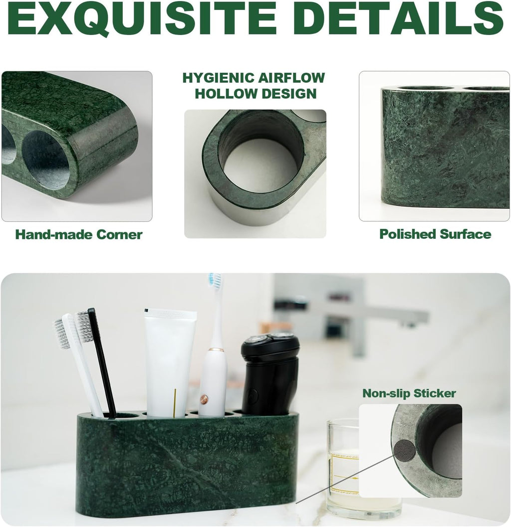 BCS Toothbrush Holder for Bathrooms, 4 Slots Open-Bottom Marble Toothbrush and Toothpaste Holder Stand Bathroom Organizer Countertop for Electric Toothbrush, Floss, Razor, Comb - Italy Green
