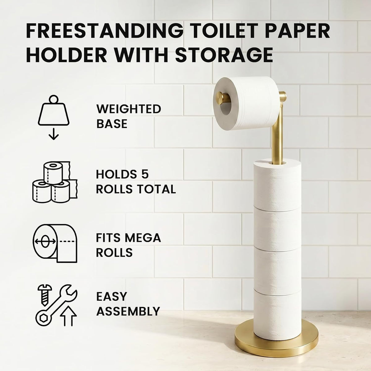 Cesun Free Standing Toilet Paper Holder Stand with Weighted Base, Gold