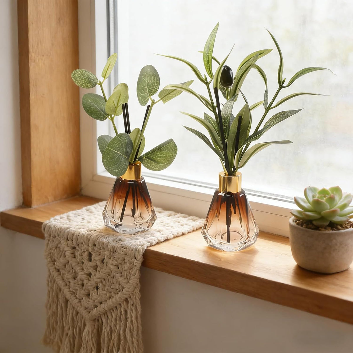 2Pcs Empty Reed Diffuser Brown Glass Bottle Set with Artificial Plant Decor