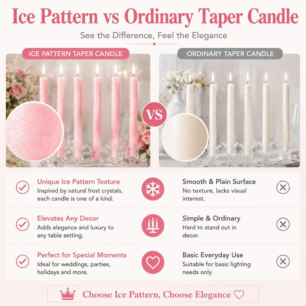 Pink Taper Candles 6 Pack,10 Inch Ice Flower Palm Wax Dripless Candlesticks