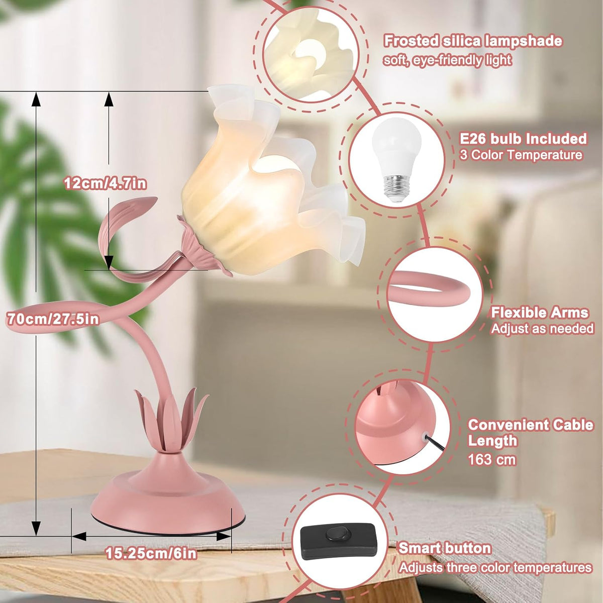 Flower Desk Lamp, LED Reading Light Flower Table Lamp, 3 Colors Flower Lamp for Girls Bedroom, Adjustable Flexible Nightstand Lamps, Bedside Table Lamp for Bedroom, Living Room, Home Decor (Pink)