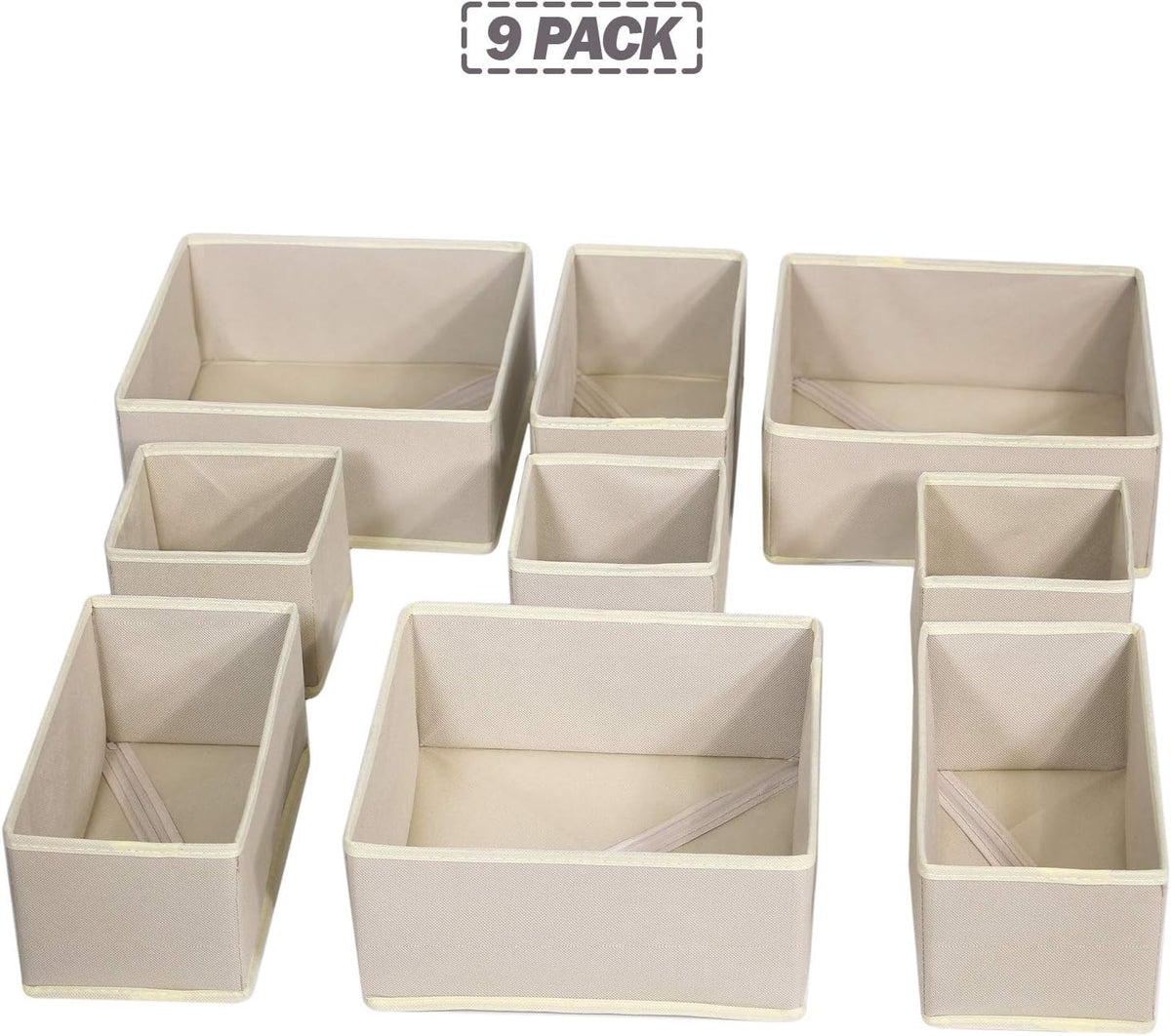 DIOMMELL 9 Pack Foldable Cloth Storage Box Closet Dresser Drawer Organizer Fabric Baskets Bins Containers Divider for Baby Clothes Underwear Bras Socks Lingerie Clothing,Beige 333