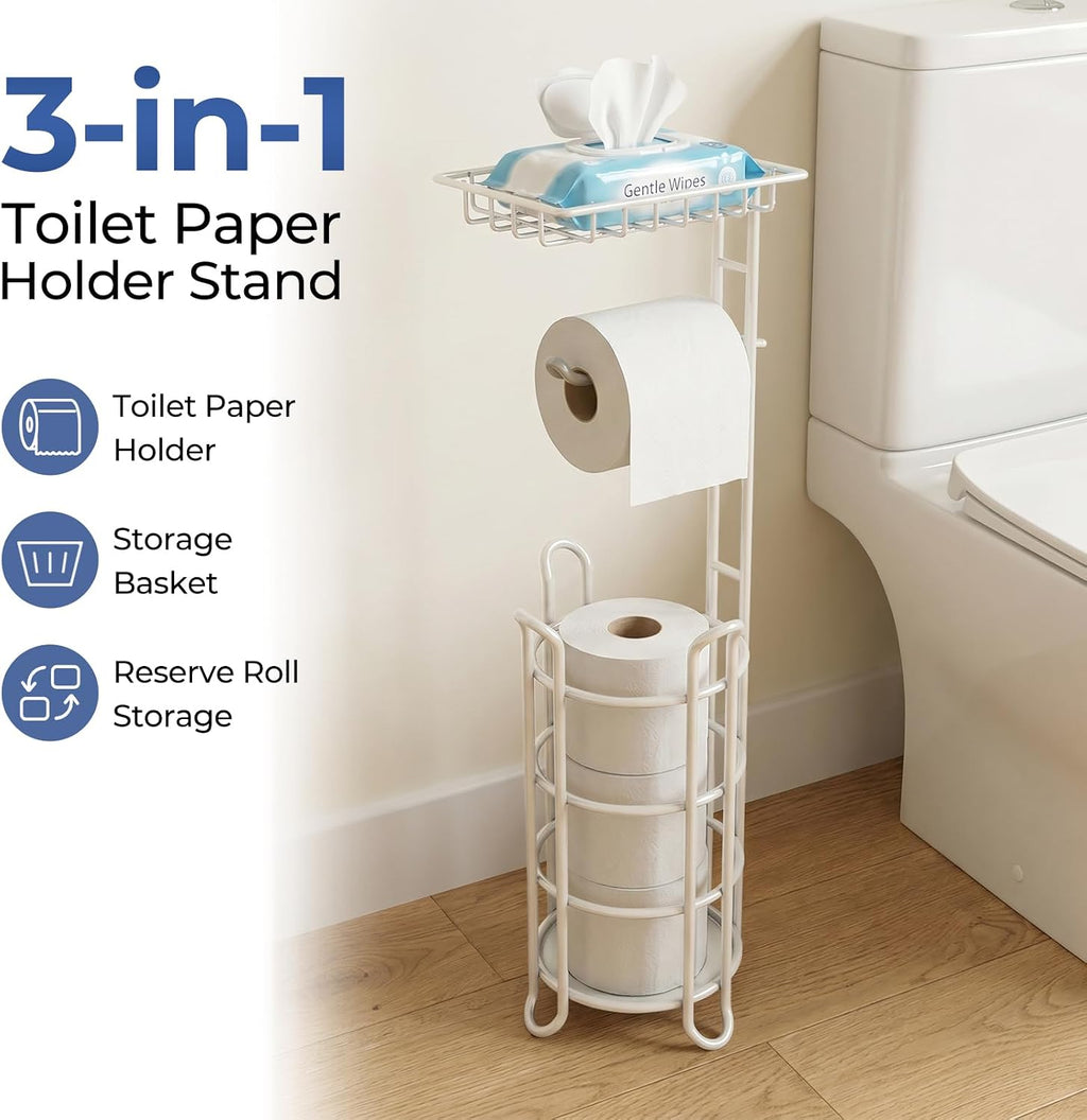 [Upgrade] Toilet Paper Holder Stand Nautical Bathroom Tissue Holders Free Standing with Top Shelf Storage Mega Rolls/Phone/Wipe-Ivory White