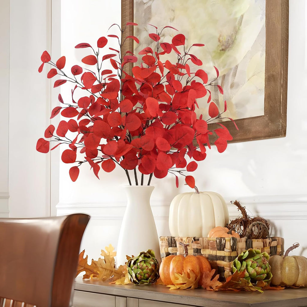 4Pcs Artificial Eucalyptus Leaves Stems 33.8‘’ Eucalyptus Plants Branches Greenery for Home Fireplace Farmhouse Party Wedding Table Bathroom Christmas Décor Red