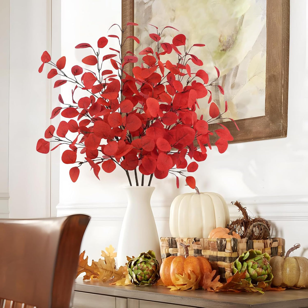 4Pcs Artificial Eucalyptus Leaves Stems 33.8‘’ Eucalyptus Plants Branches Greenery for Home Fireplace Farmhouse Party Wedding Table Bathroom Christmas Décor Red
