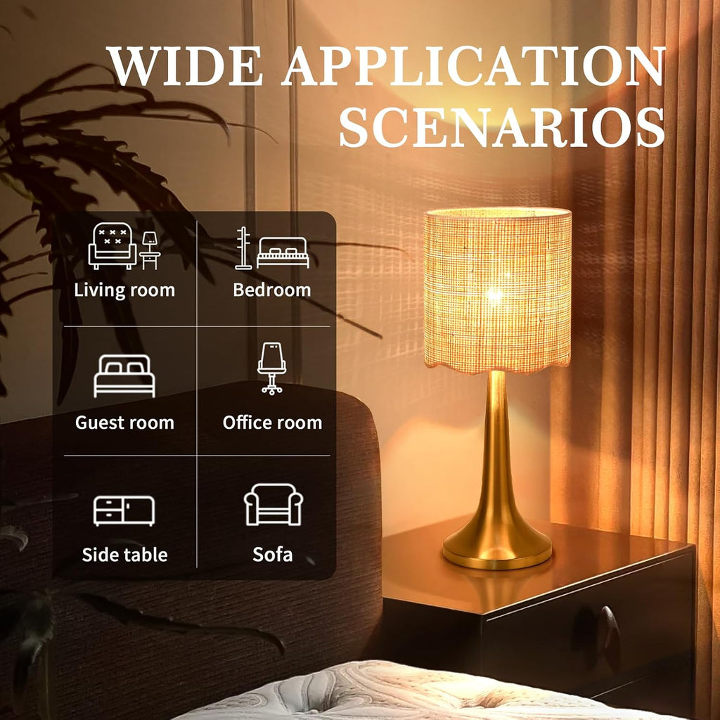 Ziqqeelam Gold Rattan Table Lamp for Bedroom, Brass Cute Wicker Lamps for Bedside Nightstand, Small Table Shape Lamps for Small Spaces for Kitchen Counter, Home Office, Living Room, Kids Dorm