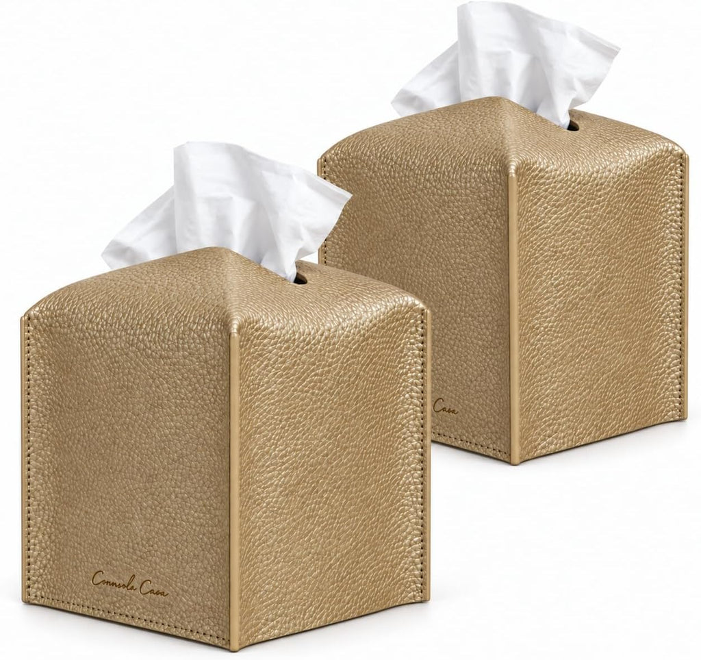 Premium PU Leather Tissue Box Holder - Elegant Hotel-Style Tissue Box Cover for Home, Office & Car Décor, Tissues Cube Organizer for a Natural & Classic Look (Gold 2 Pack)