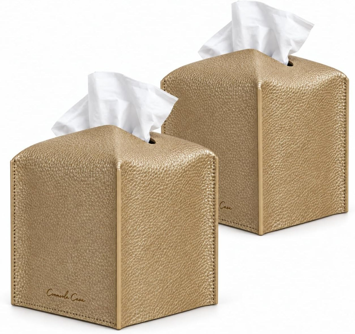 Premium PU Leather Tissue Box Holder - Elegant Hotel-Style Tissue Box Cover for Home, Office & Car Décor, Tissues Cube Organizer for a Natural & Classic Look (Gold 2 Pack)