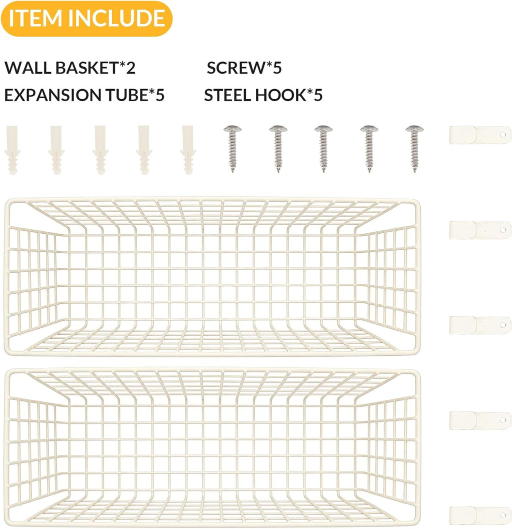 Kinlink 2 Sets White Extra Large Hanging Wall Basket with Steel Hooks
