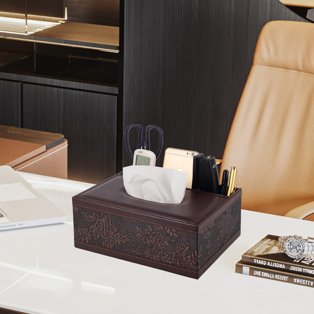 Multifunction PU Leather Tissue Box Holder/Cover Rectangular Upgrade Large Size Stationery Napkin Remote Control Storage Box,Facial Tissue Dispenser Organizer Caddy Home Office Supplies (Retro)