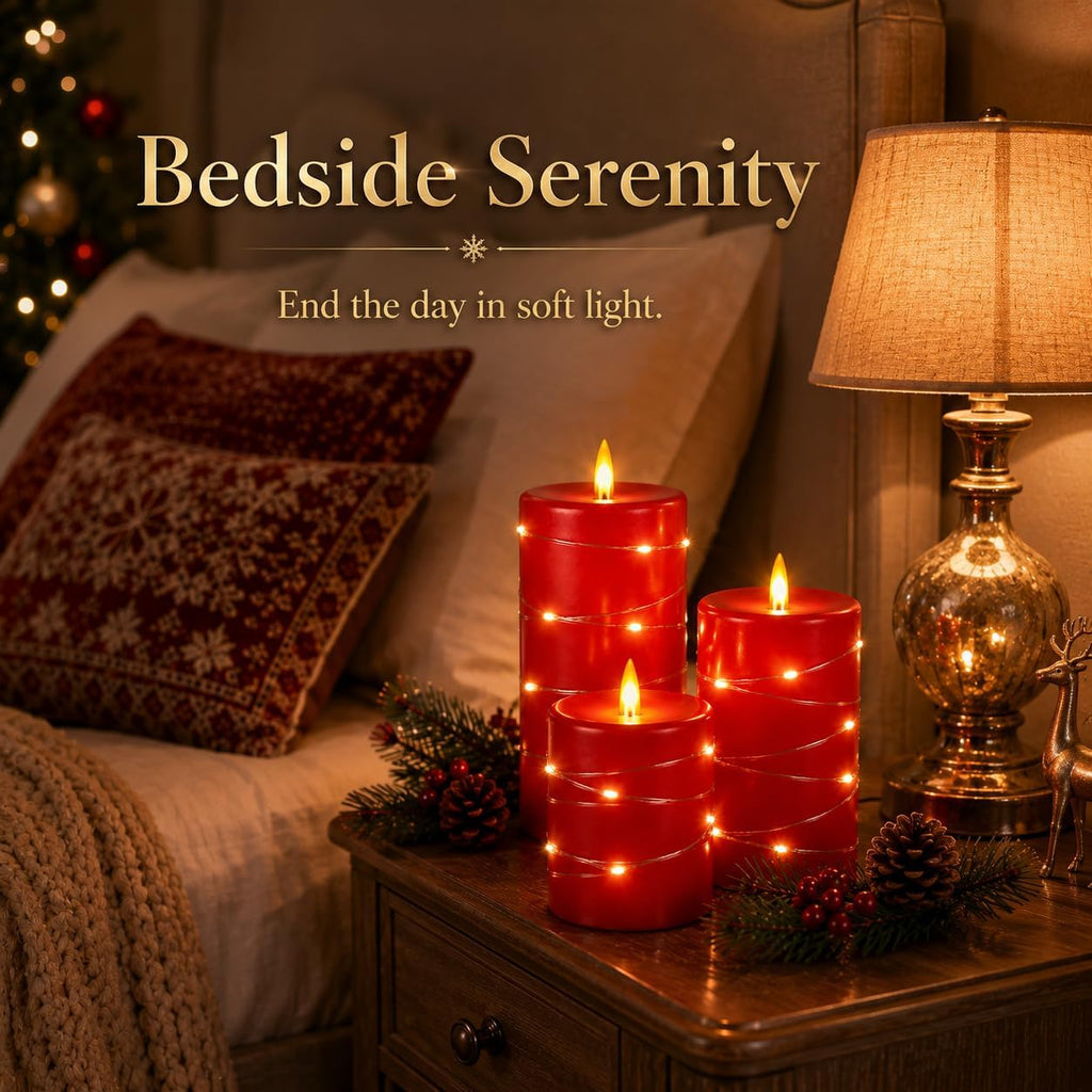3 Pack Red Real Wax Flameless Taper Candles, Realistic Flickering LED Candles with Surrounding Fairy String Lights, Soft Warm Battery Candle Lights with Remote for Holiday Wedding Indoor Outdoor Decor