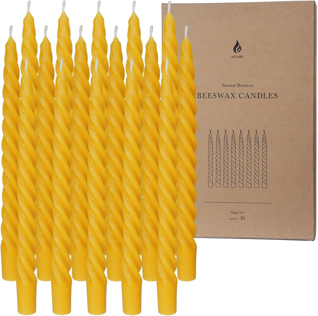 16PCS 10-Inch Pure Beeswax Spiral Taper Candles, Natural Raw, Dripless