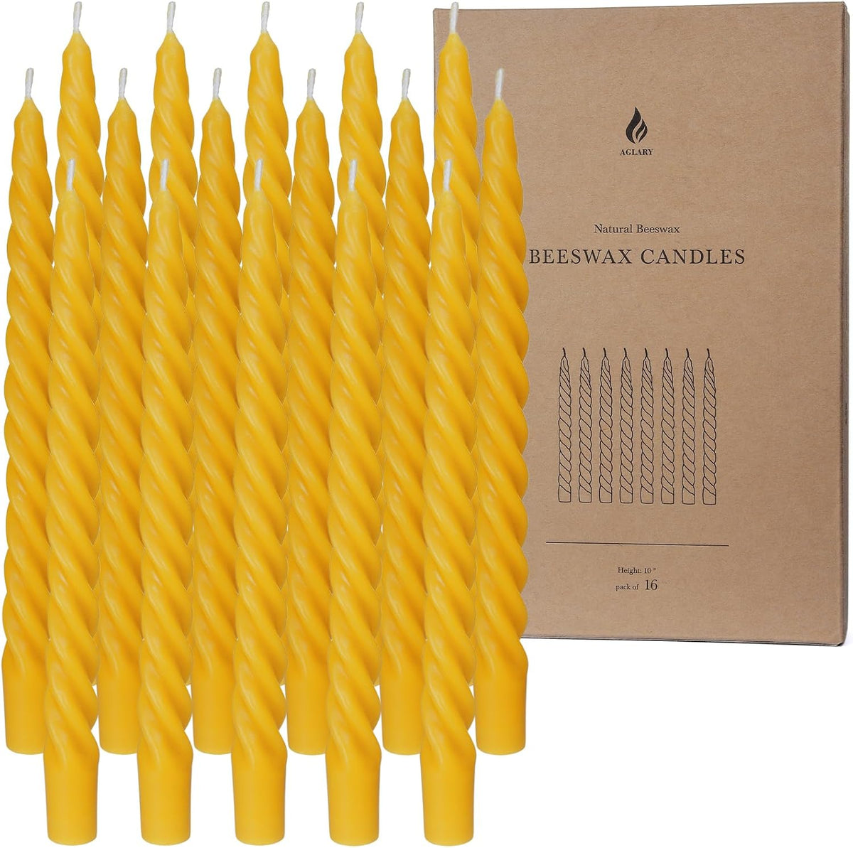 16PCS 10-Inch Pure Beeswax Spiral Taper Candles, Natural Raw, Dripless