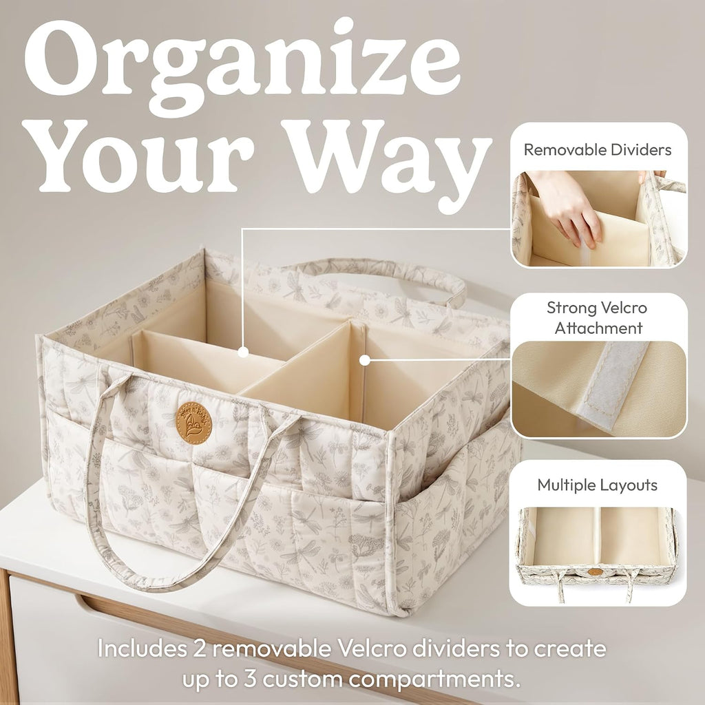 Floral Diaper Caddy Organizer - Portable Diaper Caddy with Handles & Removable Dividers - Large & Quilted Nursery Storage Basket for Girls - Woodland Nursery Decor & Wildflower Gift for Baby Shower
