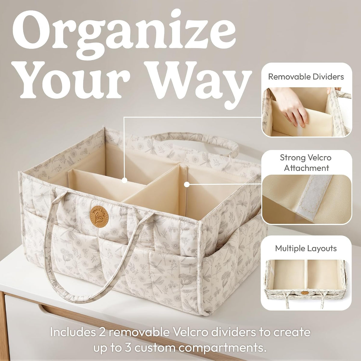 Floral Diaper Caddy Organizer - Portable Diaper Caddy with Handles & Removable Dividers - Large & Quilted Nursery Storage Basket for Girls - Woodland Nursery Decor & Wildflower Gift for Baby Shower