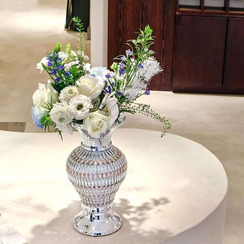 Silver Ceramic Flower Vase with Rhinestones, 12-Inch Home Decor