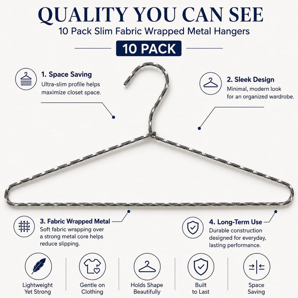 Clothes Hangers 10 Pack – Space Saving Fabric & Metal Hangers, Non-Slip Pant & Coat Hangers, Room Essentials, Closet, Durable Wardrobe Storage, Suits & Pants – Natural/White
