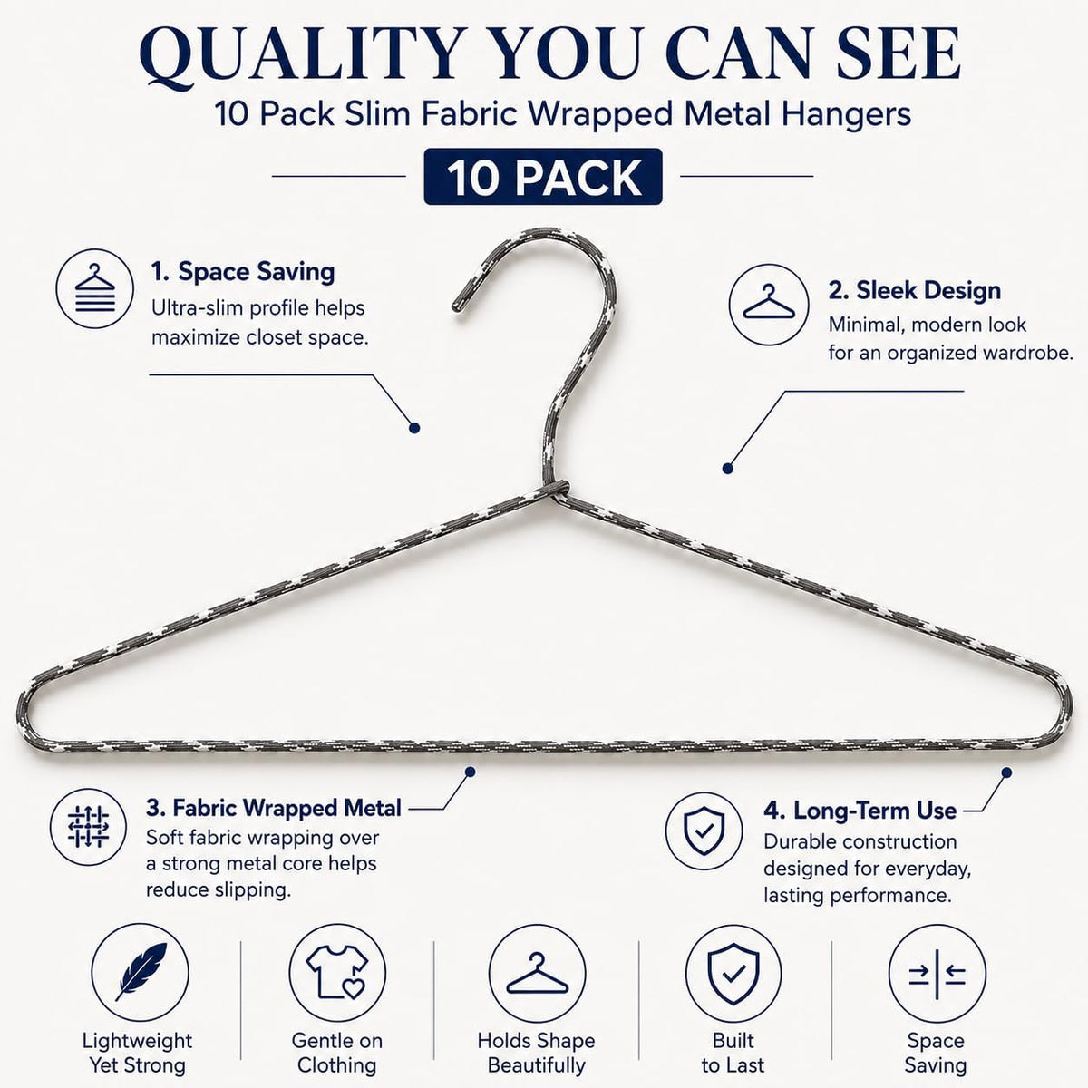 Clothes Hangers 10 Pack – Space Saving Fabric & Metal Hangers, Non-Slip Pant & Coat Hangers, Room Essentials, Closet, Durable Wardrobe Storage, Suits & Pants – Natural/White