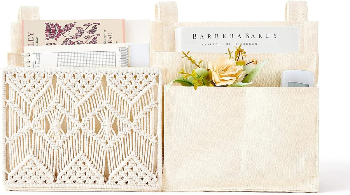 Mkono Bedside Caddy, Macrame Bunk Bed Hanging Organizer, 7 Pockets Ivory