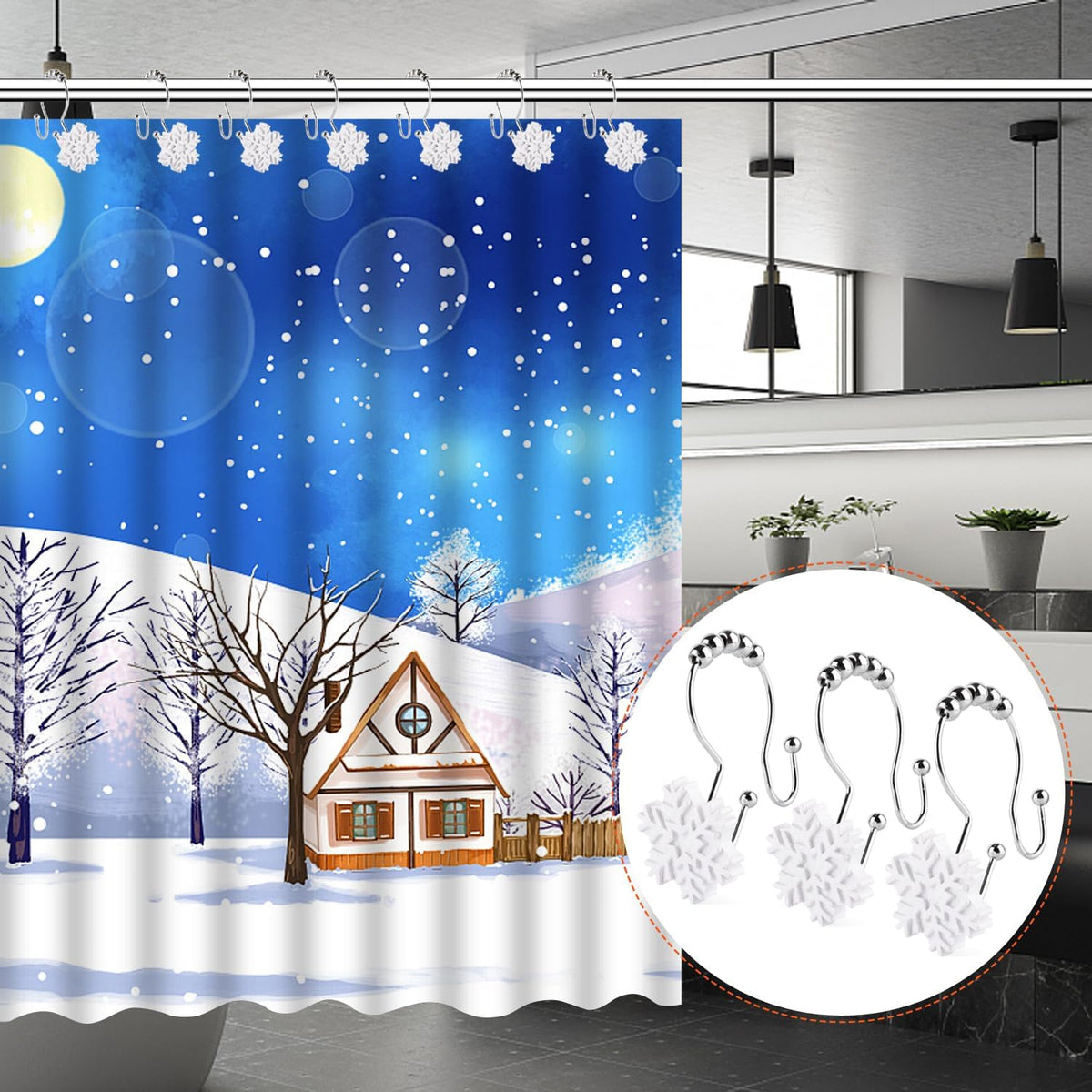 Snowflake Double Shower Curtain Hooks, 12 PCS Christmas Double Slide Shower Curtain Hooks Rings for Winter Decoration in Bathroom and Living Room