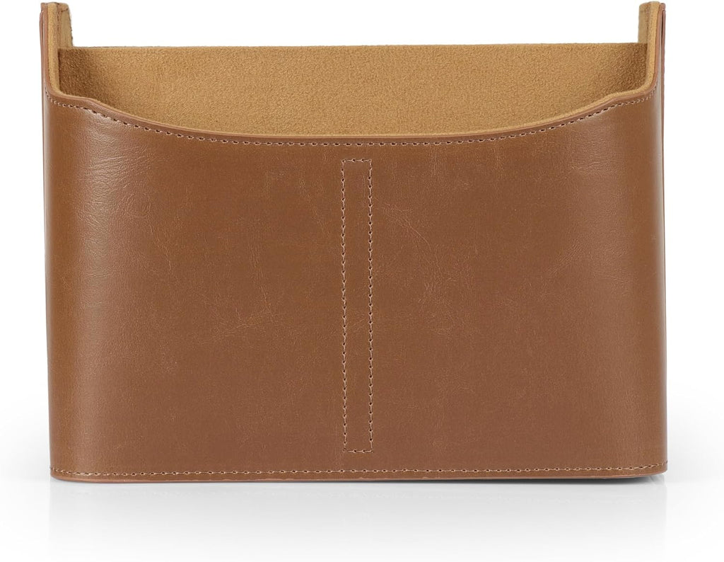 Londo PU Vegan Leather Desk Organizer Cube with Tablet Slot, Nightstand Caddy & Couch Organizer — 4 Remote Pockets + iPad/Kindle Slot, Makeup Brush Holder, Suede Lined, 8 x 6.1 x 6.1 in, Light Brown