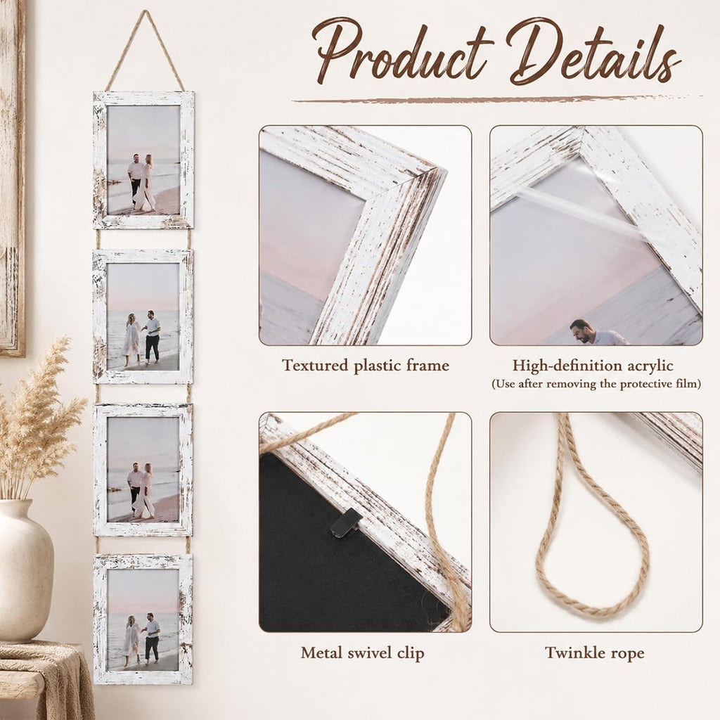 4x6 Distressed White Hanging Collage Picture Frames Set of 2, 8 Openings Collage Photo Frames Rustic Wooden Real Glass Vertical Hanging（Distressed White）