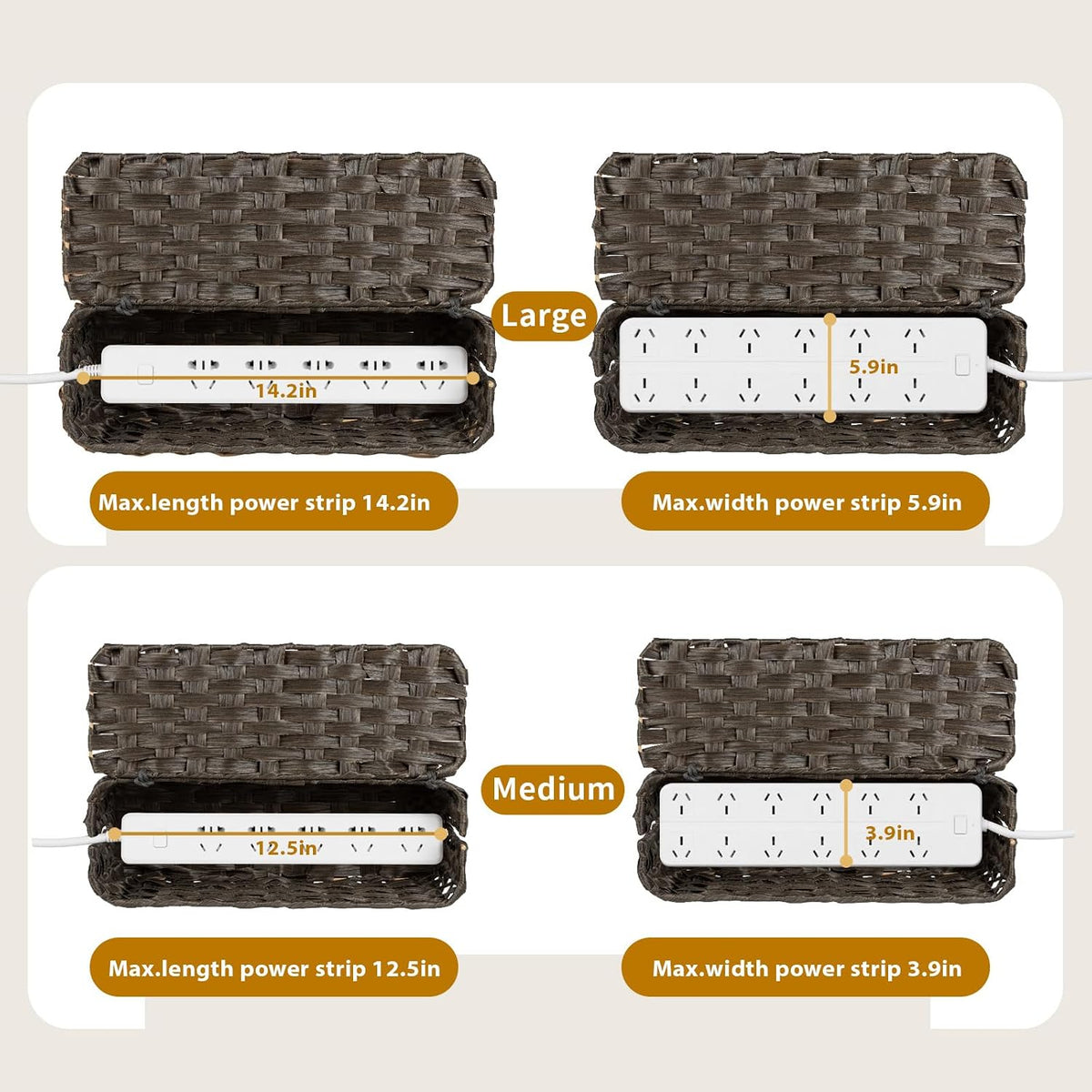 2 Pack Handwoven Cable Management Box with Lid, Decorative Cord Organizer for Power Strips, Chargers, TV Wires, Desk, Home & Office Storage, Plastic Rattan Strap