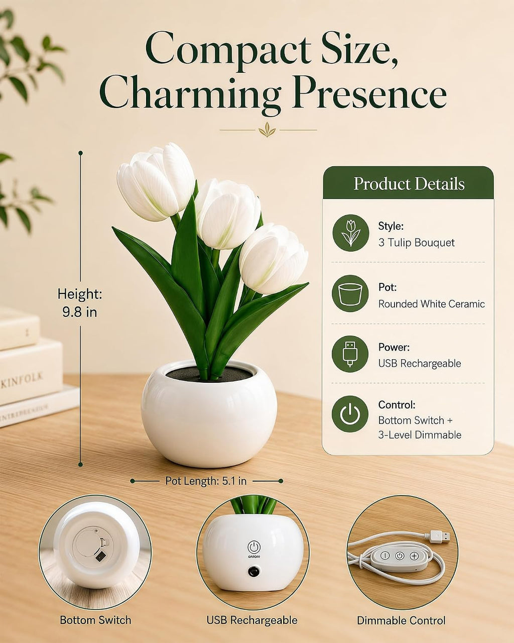 Tulip Flower Lamp LED Desk Night Light with Vase (White)