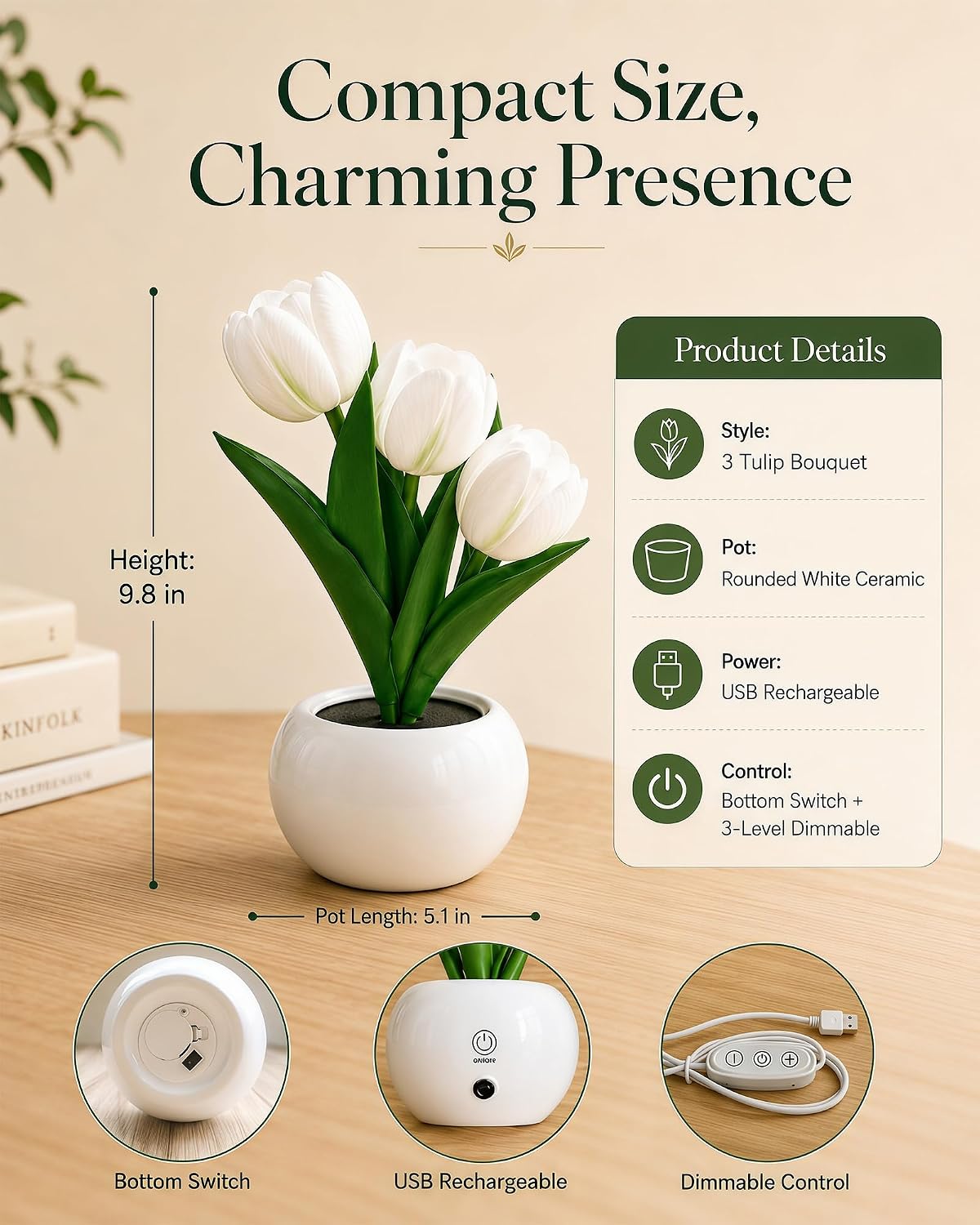 Tulip Flower Lamp LED Desk Night Light with Vase (White)
