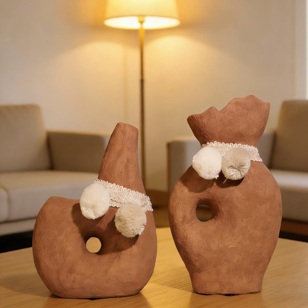 2 Pack Small Donut Vase, Gray Terracotta with Hollow Center