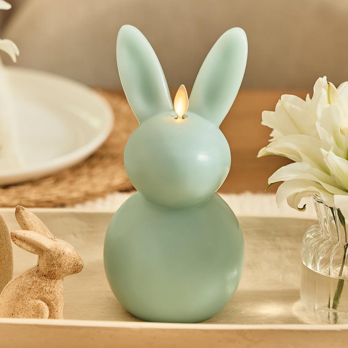 Luminara Easter Bunny Candle- Fresh Mint 4.5" x 4.5" x 8.5"- Flameless Real-Flame Holiday-Inspired Decor- AA Batteries- Flickering LED Flame